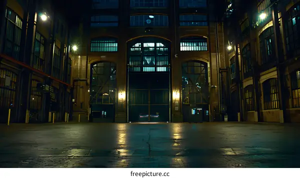 Night View of a Brick Building with Large Windows