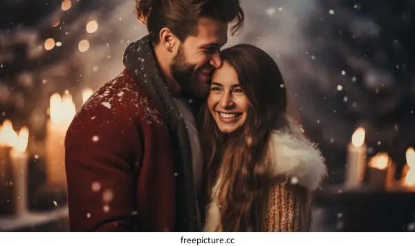 Happy couple enjoying the snow in winter