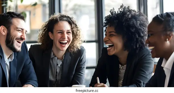 Group of Diverse Business Professionals Laughing Together in a Cafe