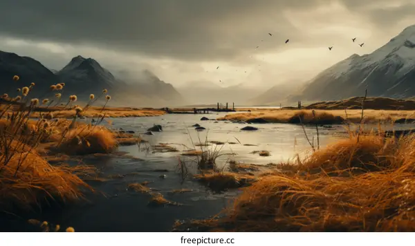 A tranquil landscape with a river flowing through a valley