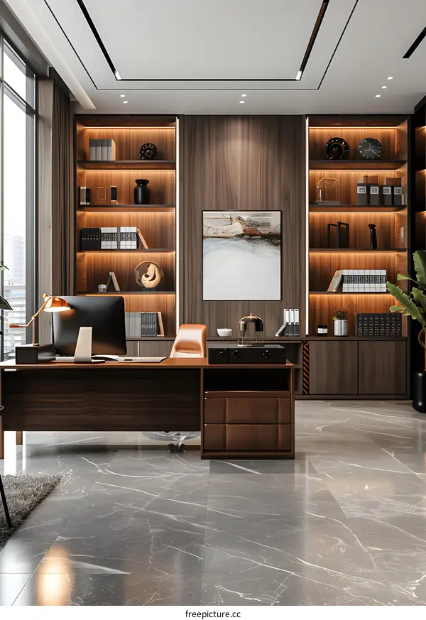 An elegant and modern home office with a large wooden desk, a comfortable leather chair, and a stylish painting on the wall.