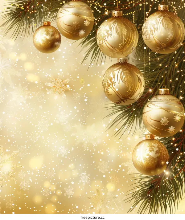 Golden Christmas ornaments and snowflakes