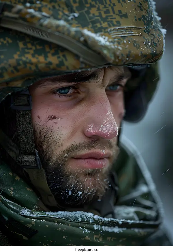 Portrait of a soldier with blue eyes and a beard wearing a military helmet and looking into the camera