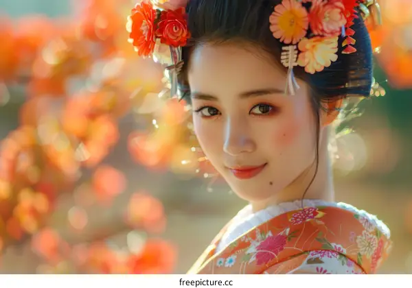 Portrait of a beautiful Japanese woman in traditional kimono with orange flower hair accessories and orange background