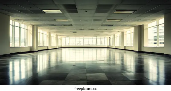 Empty Office Space with Large Windows and Tiled Floor