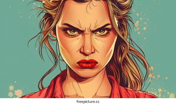 Woman with Angry Expression, Cartoon Illustration, Digital Art