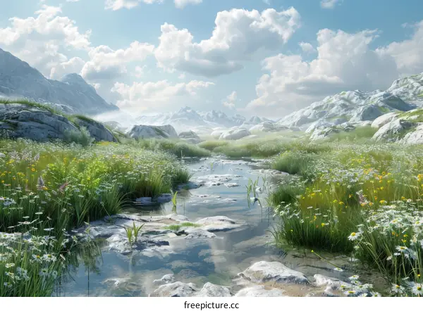 Alpine Meadow with Rushing Stream and Blooming Flowers
