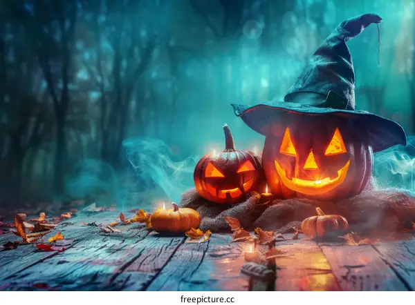 Spooky Forest Halloween Scene with Pumpkins and Witch Hat