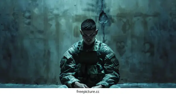 A soldier sits in a dark room.