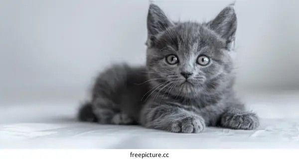 A cute gray kitten is lying on a white blanket and looking at the camera
