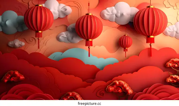 Chinese New Year red paper-cut style lantern and cloud background