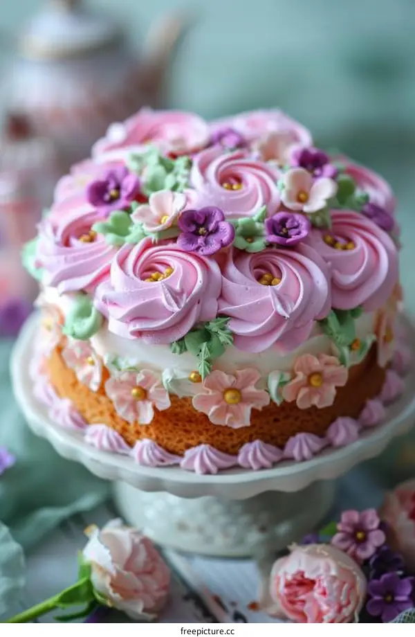 A cake decorated with pink and purple flowers