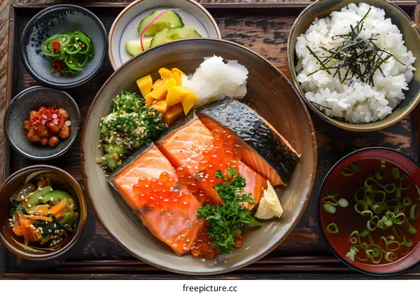 Japanese Food Salmon Rice Bowl with Side Dishes