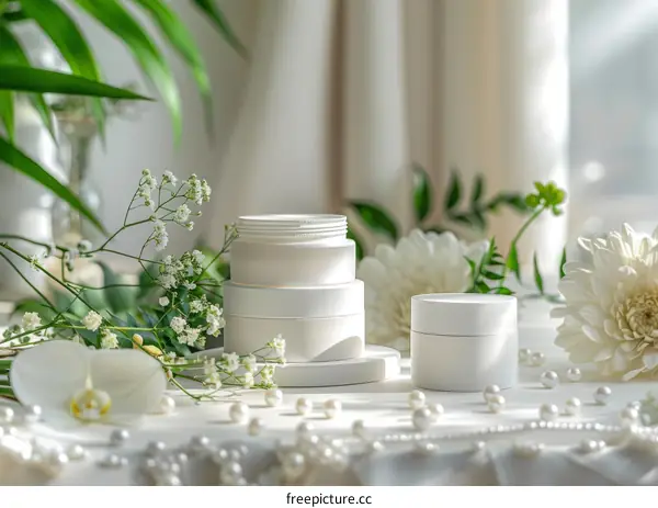White cosmetic jars with green leaves and white flowers on a white background