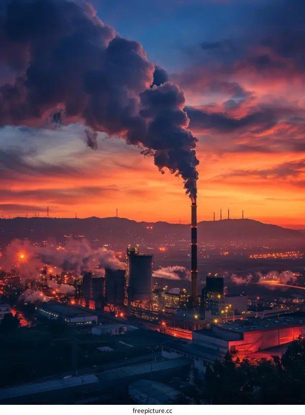 Polluted Factory and Sunset Landscape