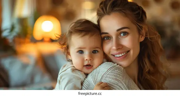 A mother is smiling at her baby while holding the baby in her arms