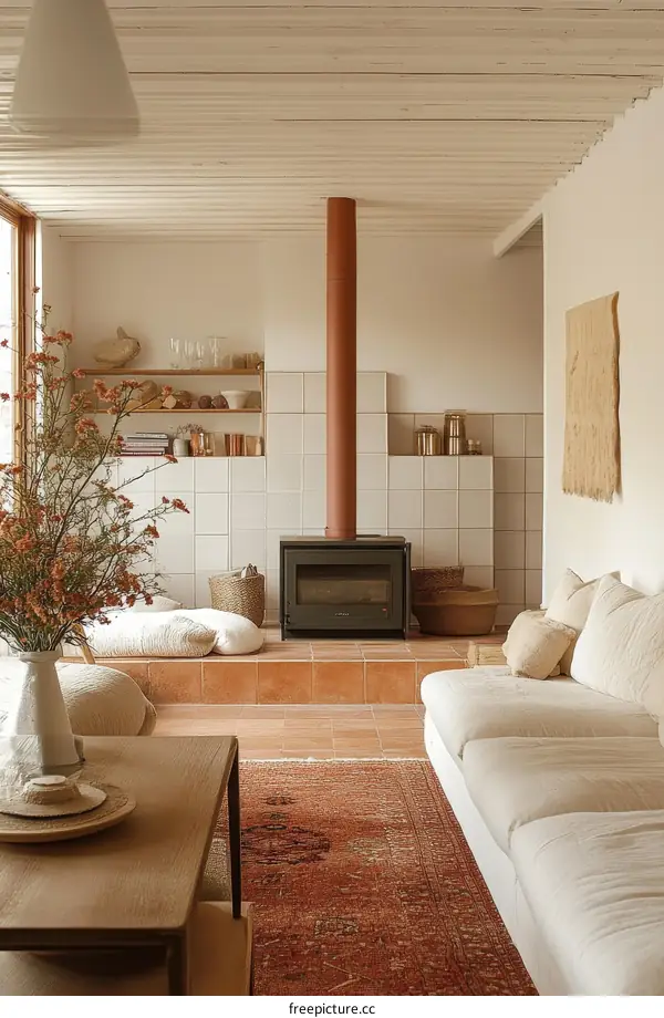 Cozy Living Room with Wood Ceiling and Fireplace