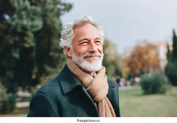 Mature man with gray hair and beard standing in park