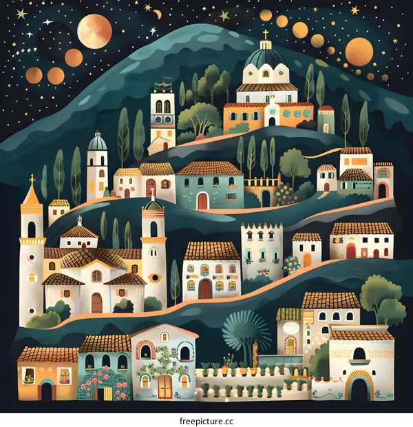 Night Sky Above Colorful Italian Village Illustration
