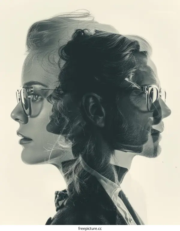 Black and white portrait of a man and a woman with glasses.