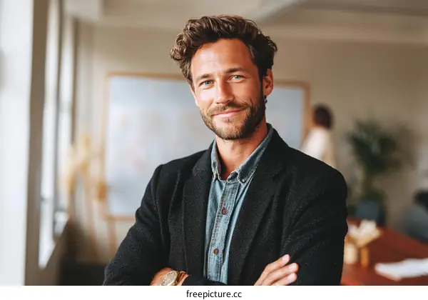 Confident Caucasian Businessman in Modern Office