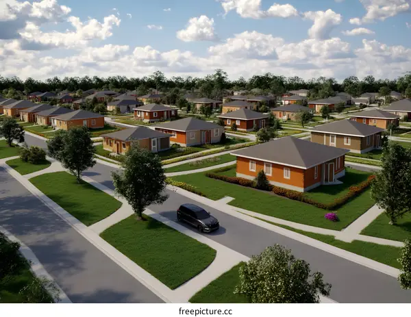 Aerial View of a New Suburban Development with Houses and a Car