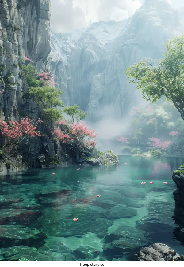 Misty mountain lake with pink cherry blossom trees