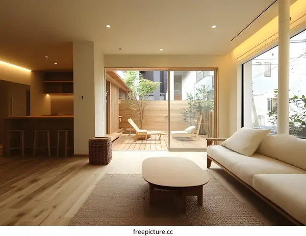 Modern Minimalist Living Room with Sliding Glass Doors to Backyard Patio