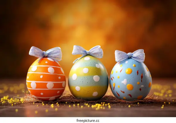 Three Colorful Painted Easter Eggs with Ribbons