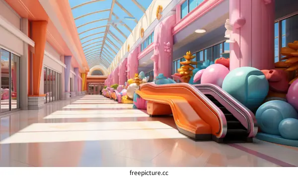 A 3D rendering of a colorful and futuristic shopping mall