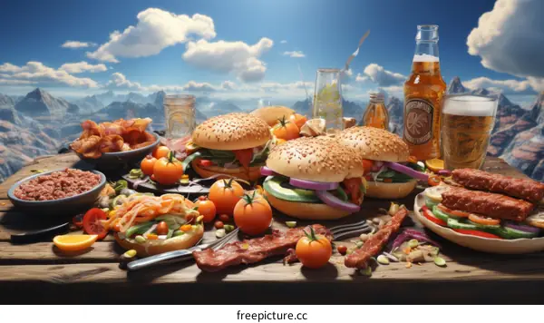 A picnic table full of food with a mountain landscape in the background
