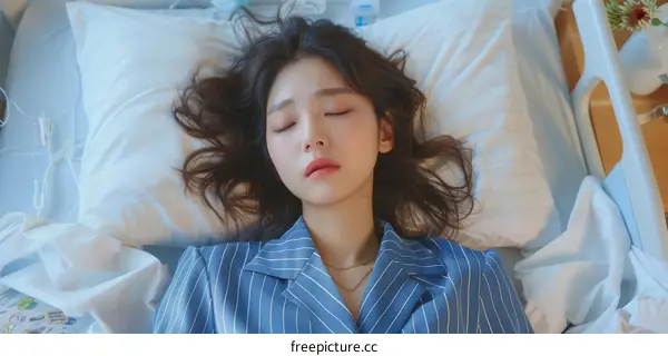A young Asian woman lies in a hospital bed with her eyes closed.