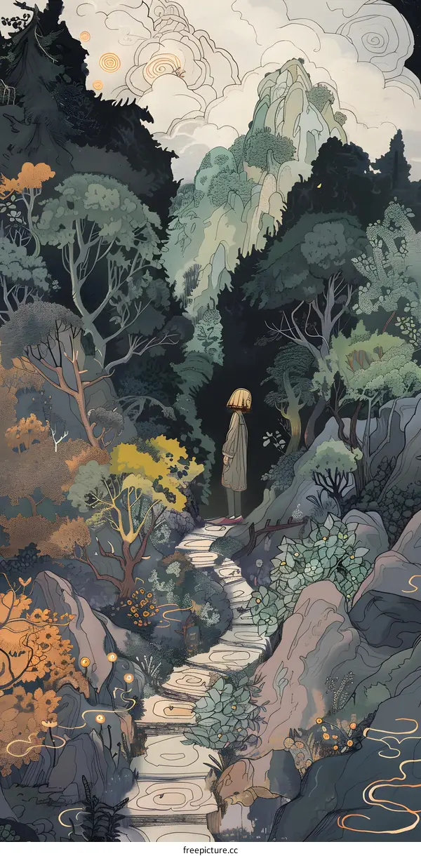 Fantasy Forest Path With Single Figure