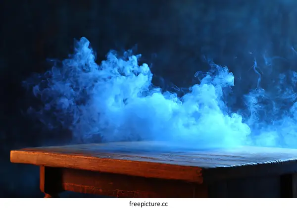Mysterious Blue Smoke Over Wooden Tabletop
