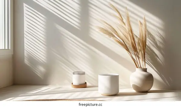 A Minimalist Still Life of a Vase with Wheat Stalks and a Wooden Table