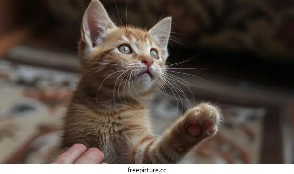 A Ginger Kitten Reaches Out Its Paw to a Human Hand