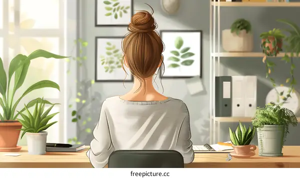 Woman Sitting at Desk with Plants and Artwork