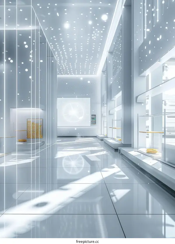 Futuristic Retail Store with White Interior and Digital Displays