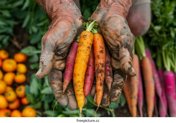 A farmer holding a handful of freshly harvested carrots