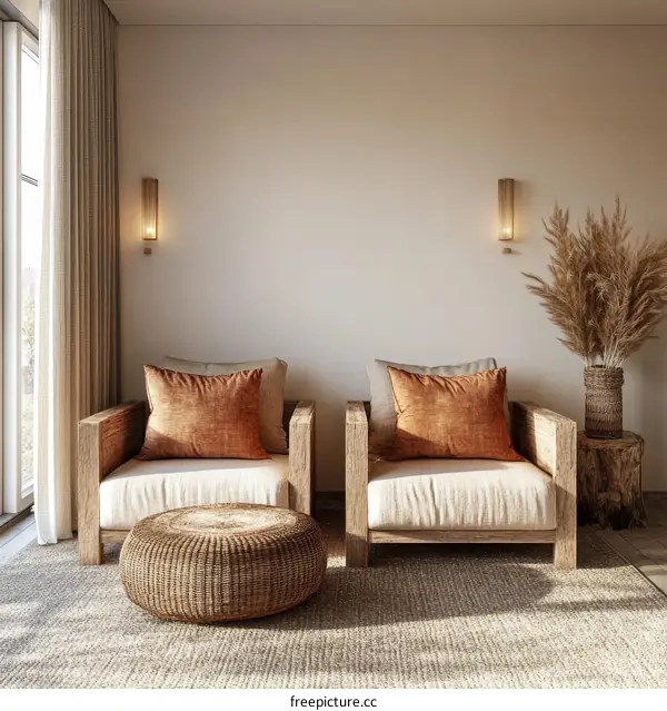Rustic Wooden Armchairs and Pouf in a Minimalist Living Room