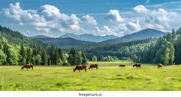 Cows grazing in a meadow with mountains in the background