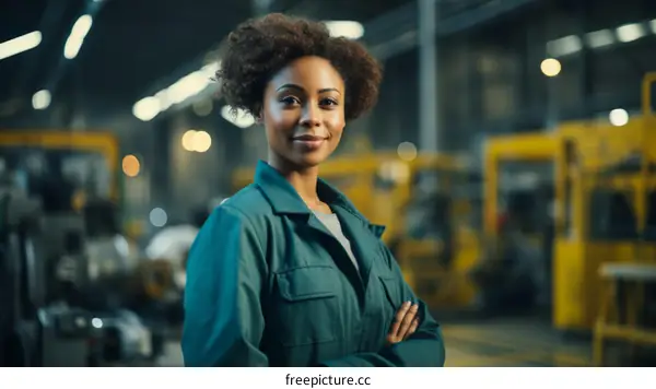 Portrait of a smiling young African American woman in a factory.