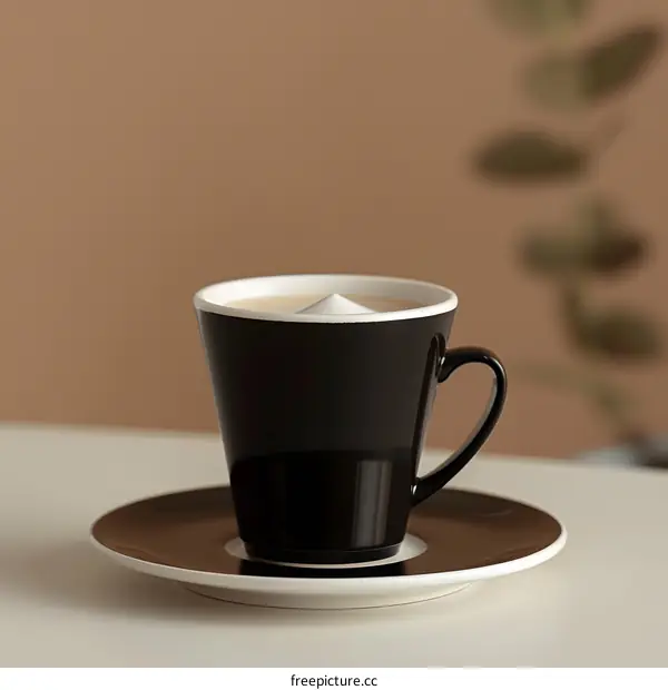 Black Coffee Cup with Milk Foam on White Table