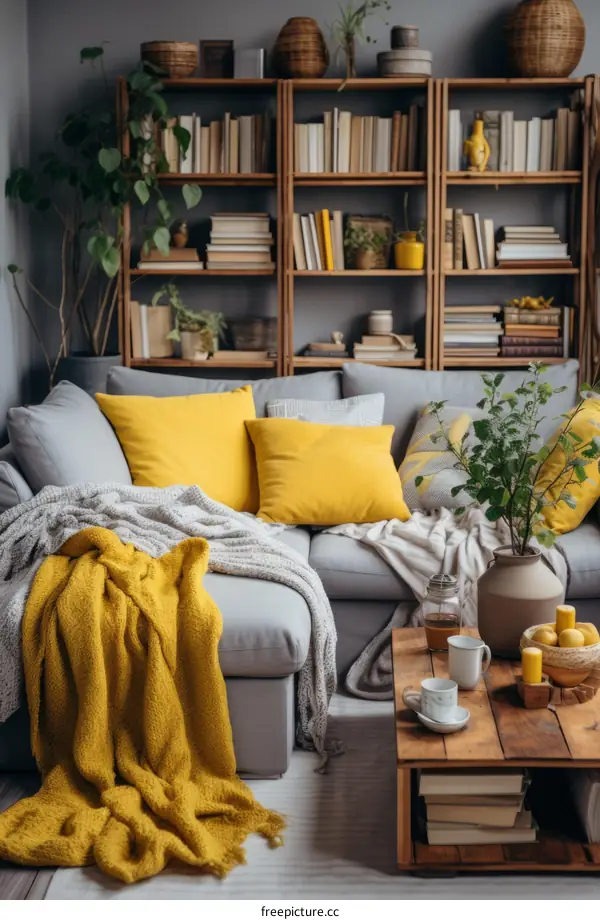 A cozy living room with a gray couch, yellow pillows, and a wooden bookshelf