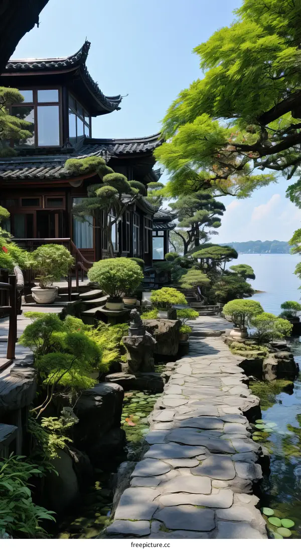 Chinese style architecture house near lake with reflection on water