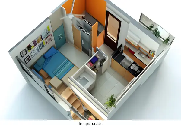 Top View of a Small Studio Apartment with Kitchen and Bathroom