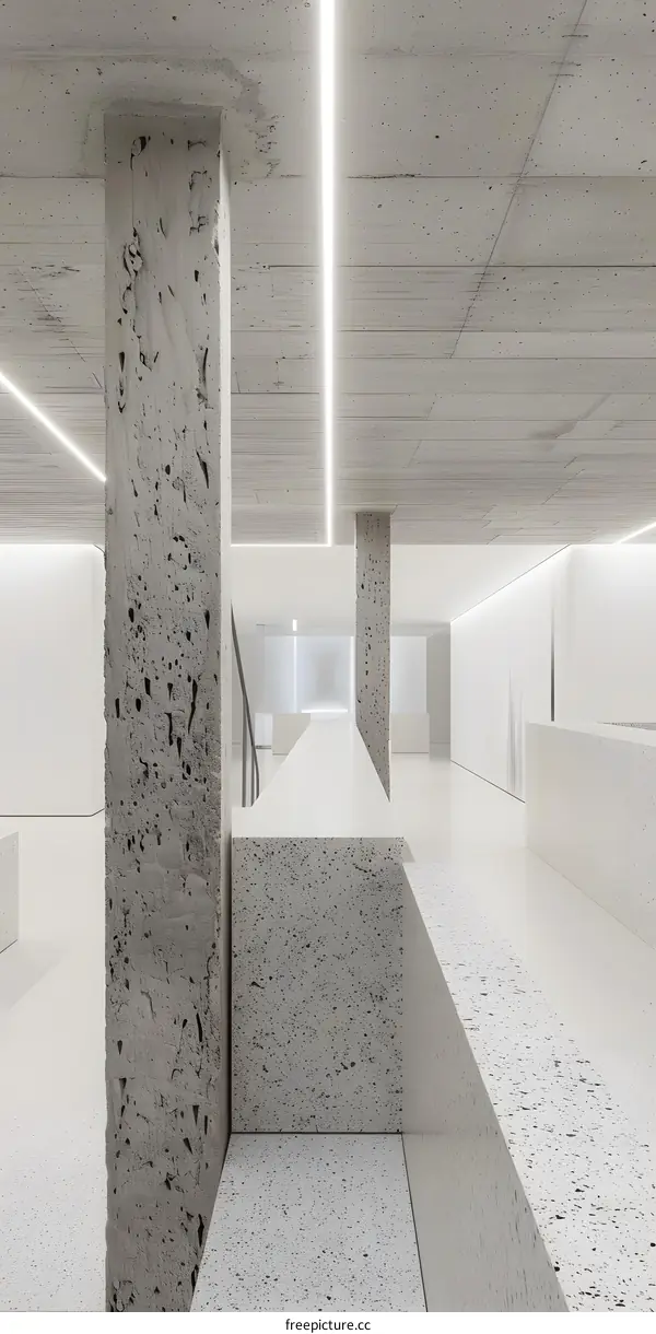 Minimalist Concrete Interior Design with White Walls and Concrete Columns