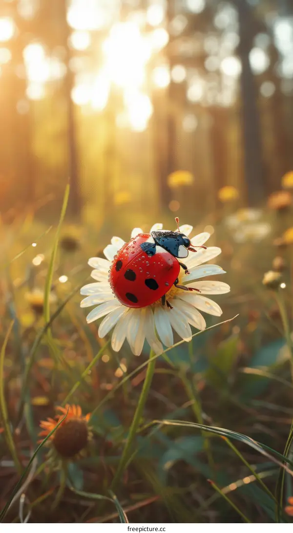 Red Ladybug on White Daisy in a Sunlit Meadow