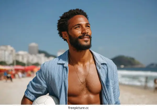 Man Holding Soccer Ball on Beach Vacation