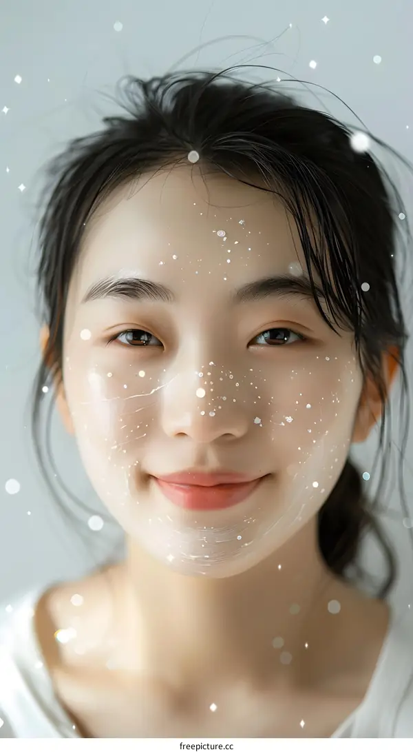 Smiling Asian Woman with White Face Mask and Glitter